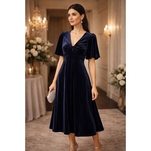 eShakti Navy Velvet Twist Front Flutter Sleeve Empire Waist Midi Dress M Elegant
